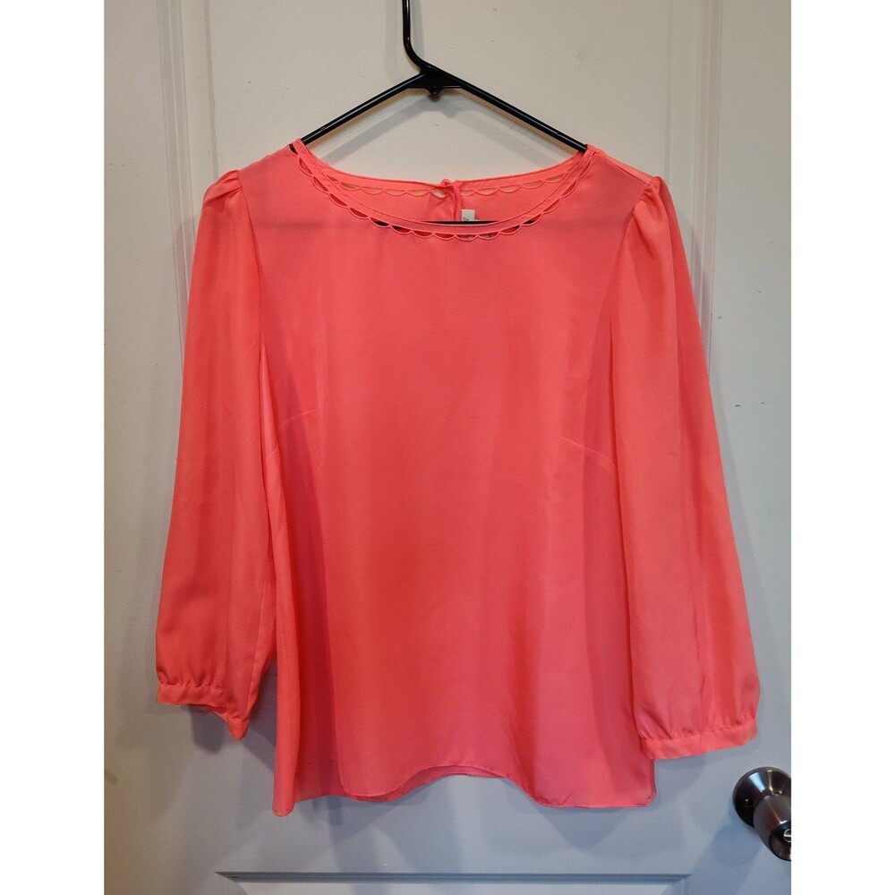 Women's J.Crew Round Neck Sheer 3/4 Sleeve Blouse Small Neon Orange